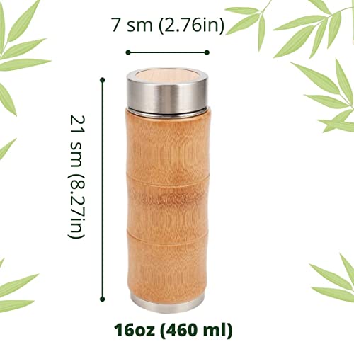 Bamboo Tea Tumbler with Infuser & Strainer 16oz/460ml - Keeps Hot & Cold for 12 Hrs - Vacuum Insulated Stainless Steel Travel Tea Tumbler Infuser Bottle Leaf Tea & Coffee|Tea Mug|Tea Tumbler