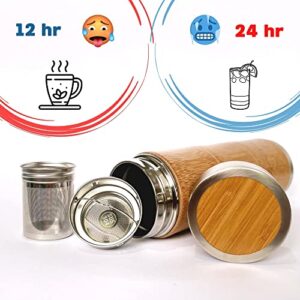 Bamboo Tea Tumbler with Infuser & Strainer 16oz/460ml - Keeps Hot & Cold for 12 Hrs - Vacuum Insulated Stainless Steel Travel Tea Tumbler Infuser Bottle Leaf Tea & Coffee|Tea Mug|Tea Tumbler