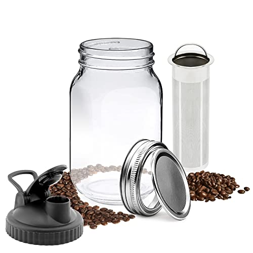 UineHiot Cold Brew Mason Jar Iced Coffee Maker, Durable Glass, Double stainless Steel Filter, Flip Cap Standard Lid - Premium Iced Coffee Maker, Cold Brew Pitcher & Tea Infuser 32 oz