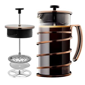 ovente glass french press coffee maker – 34 oz w/stainless steel filter plunger – hot or cold brew, bpa free travel coffee press camping ready coffee & tea maker – spiral copper fsw34c