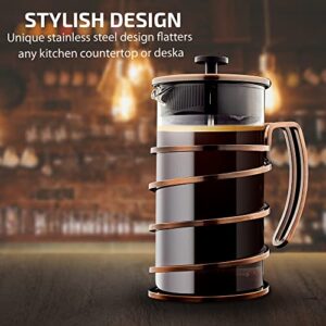 OVENTE Glass French Press Coffee Maker - 34 oz w/Stainless Steel Filter Plunger - Hot or Cold Brew, BPA Free Travel Coffee Press Camping Ready Coffee & Tea Maker - Spiral Copper FSW34C