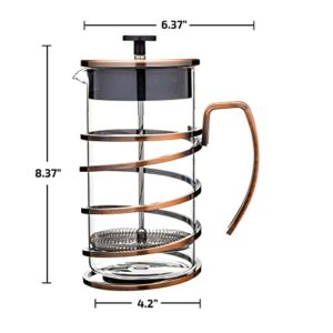 OVENTE Glass French Press Coffee Maker - 34 oz w/Stainless Steel Filter Plunger - Hot or Cold Brew, BPA Free Travel Coffee Press Camping Ready Coffee & Tea Maker - Spiral Copper FSW34C