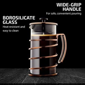 OVENTE Glass French Press Coffee Maker - 34 oz w/Stainless Steel Filter Plunger - Hot or Cold Brew, BPA Free Travel Coffee Press Camping Ready Coffee & Tea Maker - Spiral Copper FSW34C