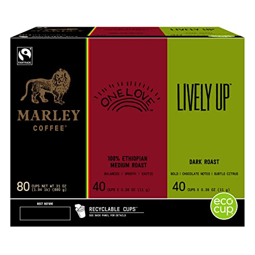 Marley Coffee One Love & Lively Up Variety Pack, Fairtrade Certified, Keurig K-Cup Brewer Compatible Pods, 80 Count