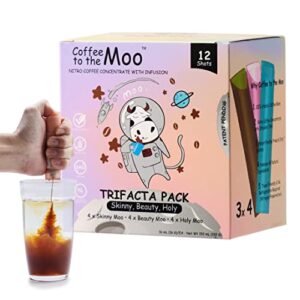 coffee to the moo, nitro cold brew coffee concentrate liquid, gluten free medium dark roast arabica coffee, instant coffee packets single serve, 12 ct, mix pack (keto, collagen, brain support)