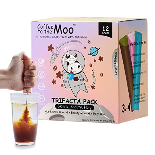 Coffee to the Moo, Nitro Cold Brew Coffee Concentrate Liquid, Gluten Free Medium Dark Roast Arabica Coffee, Instant Coffee Packets Single Serve, 12 Ct, Mix Pack (Keto, Collagen, Brain Support)