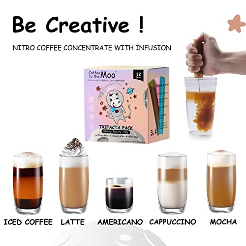 Coffee to the Moo, Nitro Cold Brew Coffee Concentrate Liquid, Gluten Free Medium Dark Roast Arabica Coffee, Instant Coffee Packets Single Serve, 12 Ct, Mix Pack (Keto, Collagen, Brain Support)