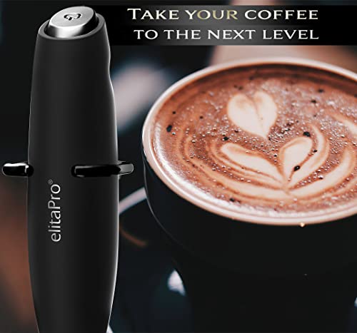 ElitaPro Luxury Edition, ‘Tornado’ effect Milk frother, Leading Tech Design, Triple Power Milk Frother Handheld, Rich Creamy Milk Foam in seconds (Black/Black)