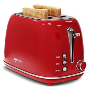 toaster 2 slice stainless steel toaster retro with 6 bread shade settings, bagel, cancel, defrost function, 2 slice toaster with extra wide slot, removable crumb tray, red