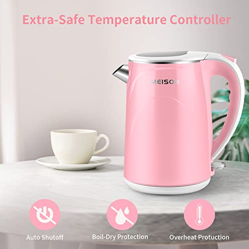 MEISON Electric Kettle, 1.7 L Double Wall Food Grade Stainless Steel Interior Water Boiler, Coffee Pot & Tea Kettle, Auto Shut-Off and Boil-Dry Protection, 1200W, 2 Year Warranty(Pink)