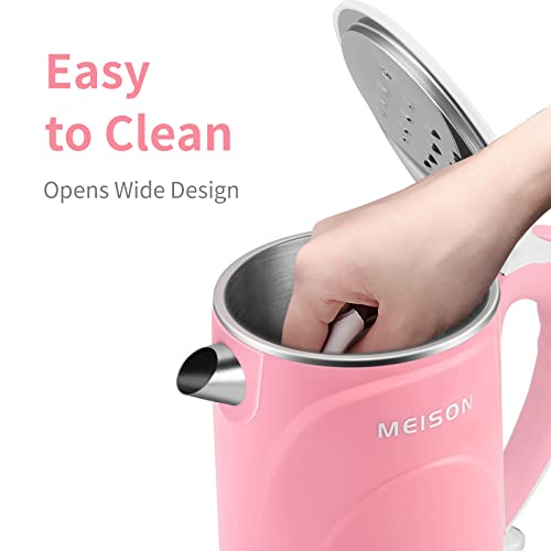 MEISON Electric Kettle, 1.7 L Double Wall Food Grade Stainless Steel Interior Water Boiler, Coffee Pot & Tea Kettle, Auto Shut-Off and Boil-Dry Protection, 1200W, 2 Year Warranty(Pink)