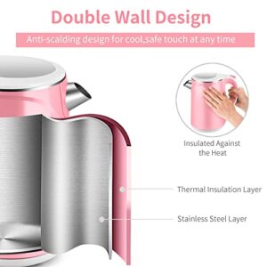 MEISON Electric Kettle, 1.7 L Double Wall Food Grade Stainless Steel Interior Water Boiler, Coffee Pot & Tea Kettle, Auto Shut-Off and Boil-Dry Protection, 1200W, 2 Year Warranty(Pink)