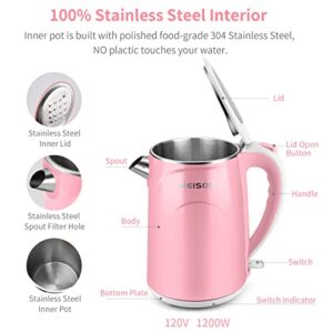 MEISON Electric Kettle, 1.7 L Double Wall Food Grade Stainless Steel Interior Water Boiler, Coffee Pot & Tea Kettle, Auto Shut-Off and Boil-Dry Protection, 1200W, 2 Year Warranty(Pink)