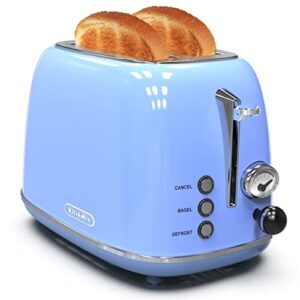 toaster 2 slice, kitchmix retro stainless steel toaster with 6 settings, 1.5 in extra wide slots, bagel/defrost/cancel function, removable crumb tray (blue)