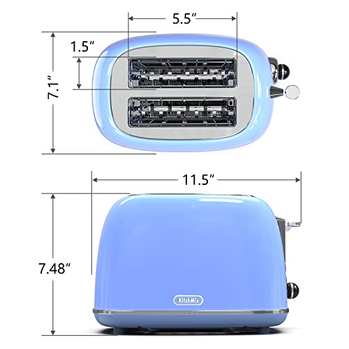 Toaster 2 slice, KitchMix Retro Stainless Steel Toaster with 6 Settings, 1.5 In Extra Wide Slots, Bagel/Defrost/Cancel Function, Removable Crumb Tray (Blue)