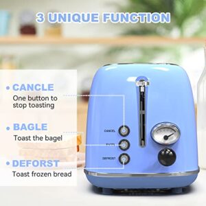 Toaster 2 slice, KitchMix Retro Stainless Steel Toaster with 6 Settings, 1.5 In Extra Wide Slots, Bagel/Defrost/Cancel Function, Removable Crumb Tray (Blue)