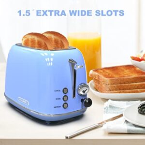Toaster 2 slice, KitchMix Retro Stainless Steel Toaster with 6 Settings, 1.5 In Extra Wide Slots, Bagel/Defrost/Cancel Function, Removable Crumb Tray (Blue)