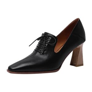 women’s retro english style pointed thick heel french single shoes leather slip on shoes for women casual black