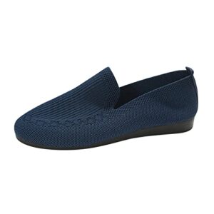 ladies fashion solid color breathable knitting comfortable flat casual shoes womens slip on walking shoes lightweight casual blue