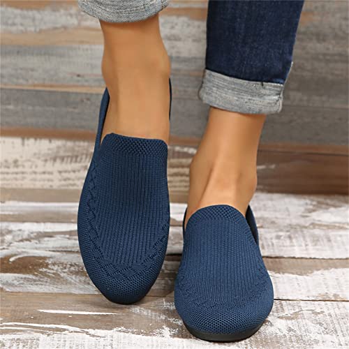 Ladies Fashion Solid Color Breathable Knitting Comfortable Flat Casual Shoes Womens Slip on Walking Shoes Lightweight Casual Blue