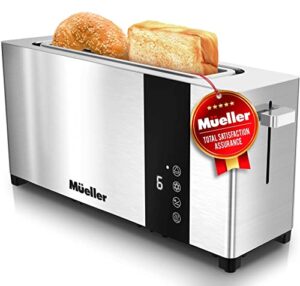 mueller ultratoast full stainless steel toaster 2 slice, long extra-wide slots with removable tray, cancel/defrost/reheat functions, 6 browning levels with led display