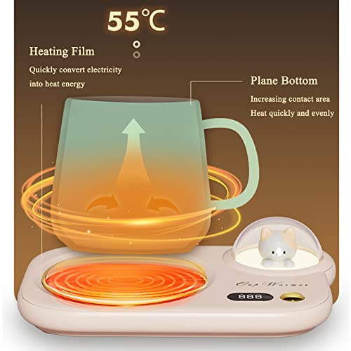 Smart Coffee Mug Warmer, Coffee Cup Heater with Cute Cat Night Light, Auto Shut Off, 3 Temperature Setting LED Display, Electric Beverage Warmer Plate for Coffee Tea Milk Cocoa and etc, White