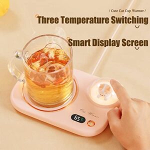 Smart Coffee Mug Warmer, Coffee Cup Heater with Cute Cat Night Light, Auto Shut Off, 3 Temperature Setting LED Display, Electric Beverage Warmer Plate for Coffee Tea Milk Cocoa and etc, White