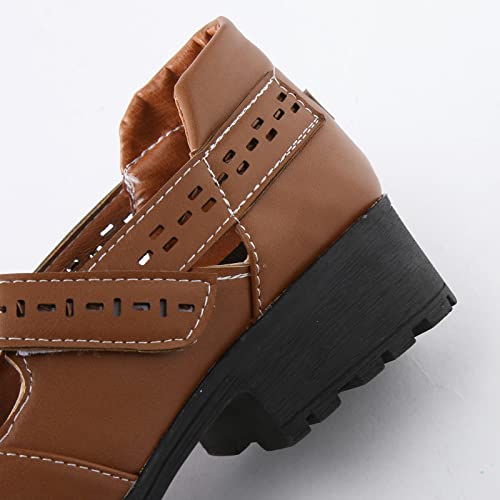 Leisure Women's Four Seasons Solid Color Non Slip Square Heels Round Toe Breathable Hook Loop Sandals Shoes Women Dress Casual Shoes Brown