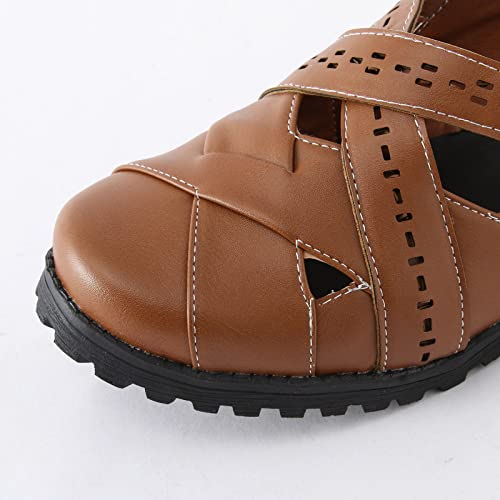 Leisure Women's Four Seasons Solid Color Non Slip Square Heels Round Toe Breathable Hook Loop Sandals Shoes Women Dress Casual Shoes Brown