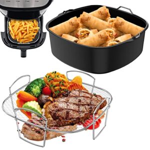 eummy – 2pcs air fryer cooking accessory kit 8inch stainless steel air fryer rack reversible rack and non-stick baking pan universal air fryer accessories dishwasher safe for dual basket air fryer