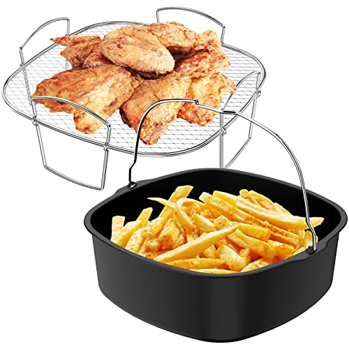 Eummy - 2Pcs Air Fryer Cooking Accessory Kit 8Inch Stainless Steel Air Fryer Rack Reversible Rack and Non-Stick Baking Pan Universal Air Fryer Accessories Dishwasher Safe for Dual Basket Air Fryer