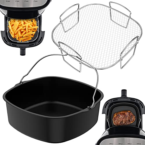 Eummy - 2Pcs Air Fryer Cooking Accessory Kit 8Inch Stainless Steel Air Fryer Rack Reversible Rack and Non-Stick Baking Pan Universal Air Fryer Accessories Dishwasher Safe for Dual Basket Air Fryer