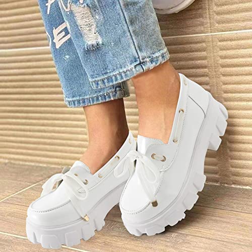 Ladies Fashion Solid Color Leather Bow Casual Single Shoes Round Toe Thick Soled Small Leather Shoes Women Shoes Wide Width Casual White