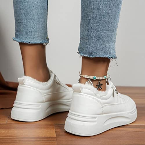 Ladies Fashion Solid Color Leather Plush Warm Lace Up Thick Soled Casual Shoes Women Shoes Casual Sandals White