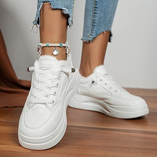 Ladies Fashion Solid Color Leather Plush Warm Lace Up Thick Soled Casual Shoes Women Shoes Casual Sandals White