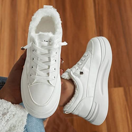 Ladies Fashion Solid Color Leather Plush Warm Lace Up Thick Soled Casual Shoes Women Shoes Casual Sandals White