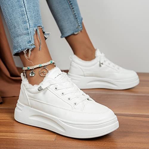 Ladies Fashion Solid Color Leather Plush Warm Lace Up Thick Soled Casual Shoes Women Shoes Casual Sandals White