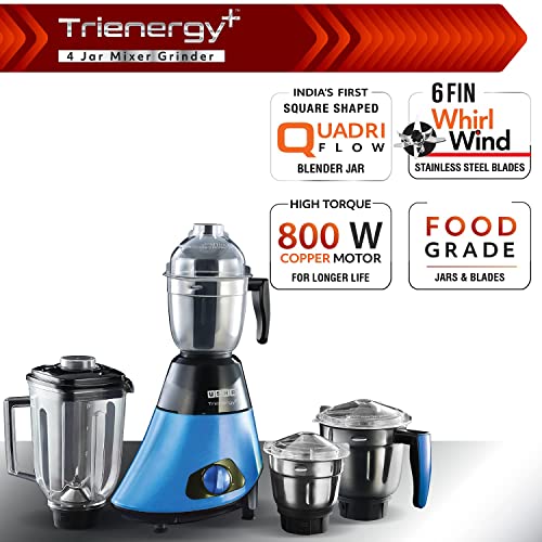 Usha Trienergy+ 800 Watt Powerful 100% Copper Motor 4 Jar Mixer Grinder with Unique QuadriFlow Square Blender Jar for Faster Grinding and Smooth Blending || 5 Years Warranty on Motor (Blue)