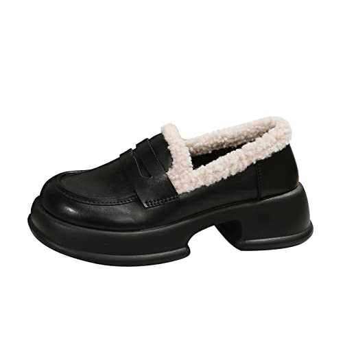 Ladies British Style Solid Color Leather Plush Warm Thick Soled Casual Shoes Casual Womens Shoes Size 8 Black