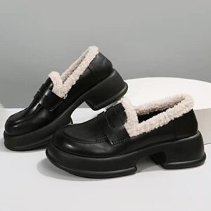 Ladies British Style Solid Color Leather Plush Warm Thick Soled Casual Shoes Casual Womens Shoes Size 8 Black