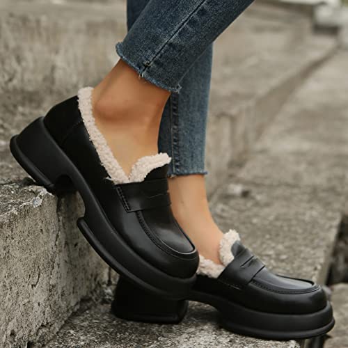 Ladies British Style Solid Color Leather Plush Warm Thick Soled Casual Shoes Casual Womens Shoes Size 8 Black