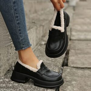 Ladies British Style Solid Color Leather Plush Warm Thick Soled Casual Shoes Casual Womens Shoes Size 8 Black