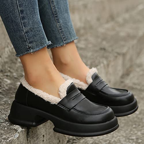 Ladies British Style Solid Color Leather Plush Warm Thick Soled Casual Shoes Casual Womens Shoes Size 8 Black