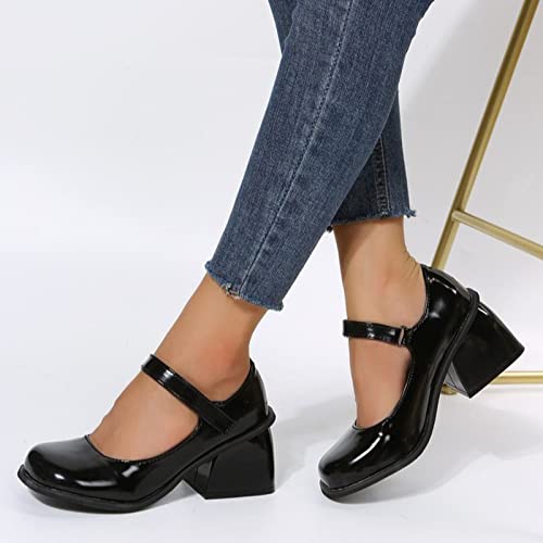 Leisure Women Artificial Leather Solid Color Autumn Thick Sole Square Heels Slip On Lazy People Round Toe Shoes Casual Shoes Women 9 Black