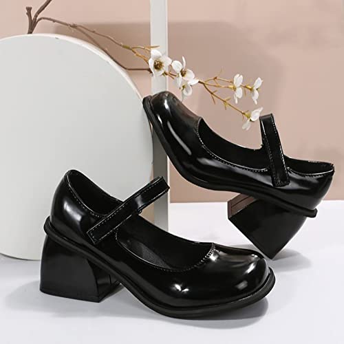 Leisure Women Artificial Leather Solid Color Autumn Thick Sole Square Heels Slip On Lazy People Round Toe Shoes Casual Shoes Women 9 Black