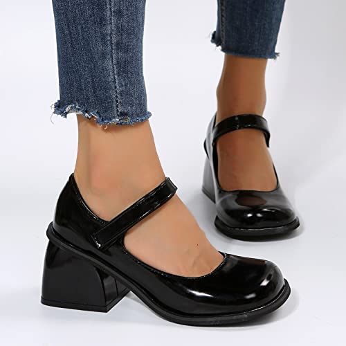 Leisure Women Artificial Leather Solid Color Autumn Thick Sole Square Heels Slip On Lazy People Round Toe Shoes Casual Shoes Women 9 Black