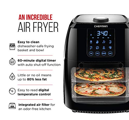 Chefman 6.3-Qt 4-In-1 Digital Air Fryer+, Rotisserie, Dehydrator, Convection Oven, XL Family Size, 8 Touch Screen Presets, BPA-Free, Auto Shutoff, Accessories Included, Black