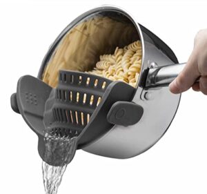 kitchen gizmo snap n strain pot strainer and pasta strainer – adjustable silicone clip on strainer for pots, pans, and bowls – kitchen colander – gray