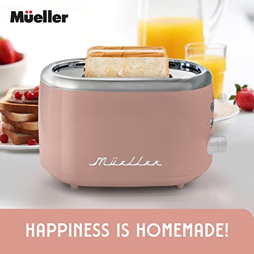 Mueller Retro Toaster 2 Slice with 7 Browning Levels and 3 Functions: Reheat, Defrost & Cancel, Stainless Steel Features, Removable Crumb Tray, Under Base Cord Storage, Pink