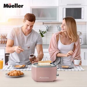 Mueller Retro Toaster 2 Slice with 7 Browning Levels and 3 Functions: Reheat, Defrost & Cancel, Stainless Steel Features, Removable Crumb Tray, Under Base Cord Storage, Pink